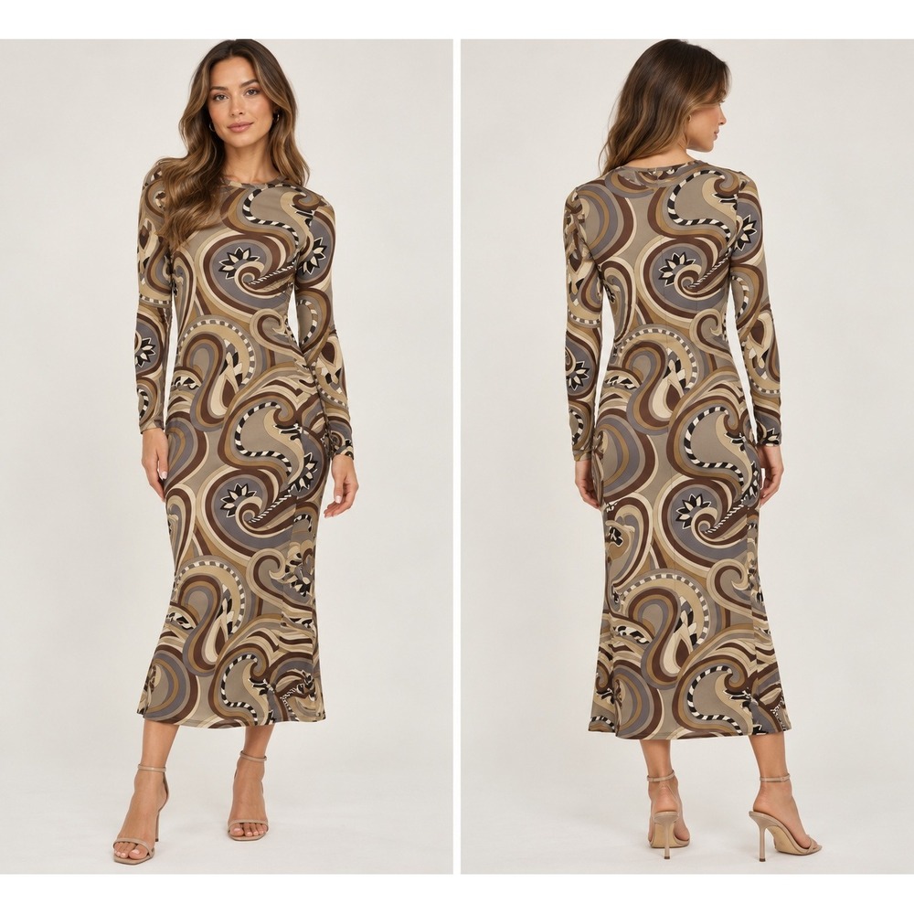 Zara Womens Brown Psychedelic Swirl Print Long Sleeve Midi Dress Small